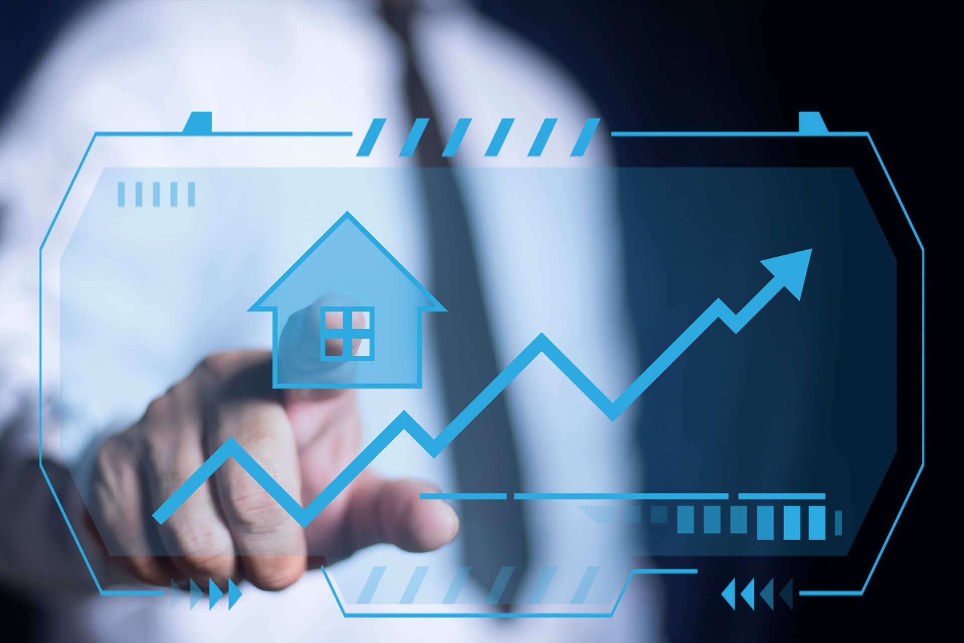 Businessman hand pointing virtual house icon for analyzing property value, new home, interest rate, mortgage loan, Investment planning, business real estate.
